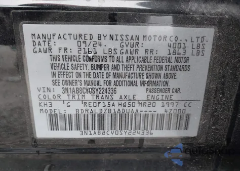 2025 Nissan Sentra Sv from USA, damaged, VIN 3N1AB8CV0SY224336